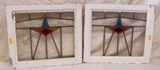 Pair of Antique Stained Glass Windows Art Deco Star  