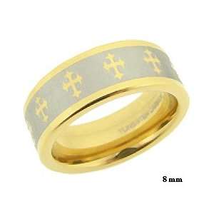  8MM Gold Plated Etched Cross Tungsten Carbide Band  11 