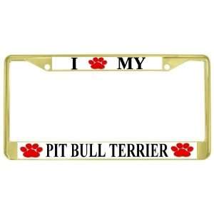 Love My Pit Bull Terrier Paw Prints Dog Gold Metal License Plate 