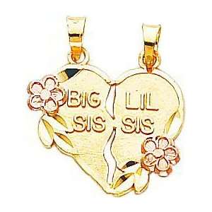   Gold Two Tone Break Apart Big Sis and Little Sis Heart Charm Jewelry