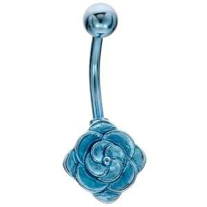  Blue Flowers In Bloom Anodized Titanium Belly Button Ring Jewelry