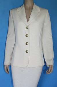   BASICS KNIT FITTED JACKET & SKIRT 2 PC SUIT WHITE CREST BUTTONS 12 14