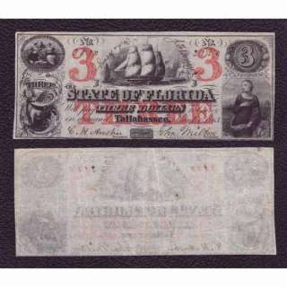 March 1, 1863 State of Florida Tallahassee 3 Dollar CR 17  