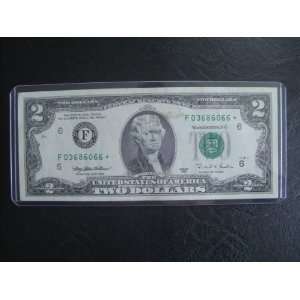  Two Dollar Star Note Series 1995 $2 Bill Note F 03686066 