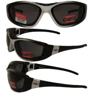   Gloss Silver and Black Frame Motorcycle Riding Glasses Smoke Lenses