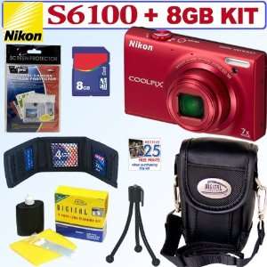  Nikon Coolpix S6100 16 MP Digital Camera (Red) + 8GB 
