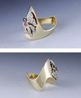 UNIQUE 14K YELLOW GOLD DIAMOND SAPPHIRE & RUBY BUTTERFLY RING  