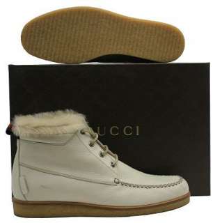 NEW $740 GUCCI MENS BEIGE LEATHER FUR COLLAR ANKLE BOOT  