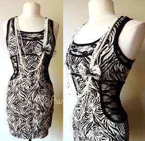 NEW Wild Zebra Animal Print Sheer Floral Lace Insert Sexy Dress w 