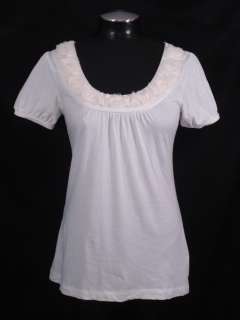 Ann Taylor LOFT S White Fringe Flower Applique Cotton Shirt Top Short 