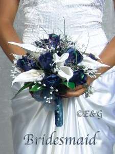 ELEGANT Wedding Bouquet Bridal Flower Silk NAVY CASCADE  