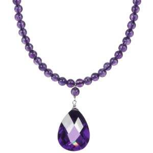   Bead with Faceted Cubic Zirconia Amethyst Pear Shape Drop Necklace, 18