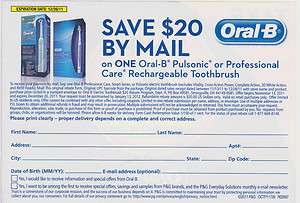 Oral B COUPON Mail In Rebate ~ $20 Pulsonic or Rechargeable Toothbrush 