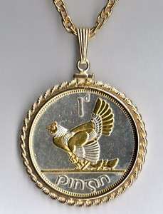 Gold/Silver Coin Pendant, Irish Penny Chicken w/Chicks  