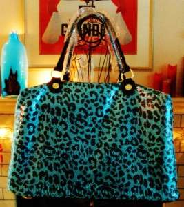 NWT Betsey Johnson Betseyville BLUE LEOPARD SEQUIN CARRY LUGGAGE 