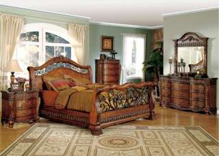   Formal Cherry King Sleigh Bed Marble Iron Cast 4 Pc Bedroom Set  