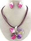 necklace set silver pendant purple flower costume art shell western 