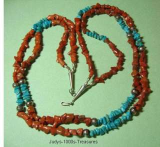  /ORANGE CORAL TURQUOISE STERLING SILVER BEADS CLASP NECKLACE 29 N463
