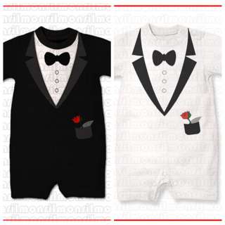 Baby Boy Wedding Party Tuxedo Suit Print Bowtie Romper Onesie Bodysuit 
