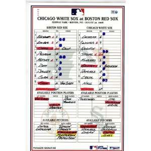  White Sox at Red Sox 8 30 2008 Game Used Lineup Card (MLB 