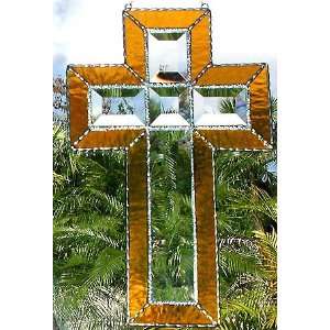  Beveled Stained Glass Cross Suncatchers in Gold   7 x 12 
