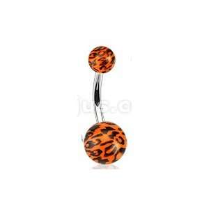  Steel Navel Ring with Orange Leopard Print Acrylic Balls 
