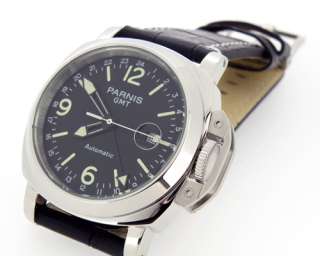 Parnis stainless steel case GMT II leatcher strap Automatic mens Watch 