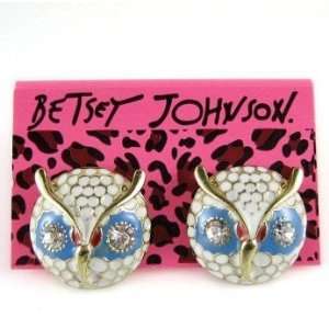 BETSEY JOHNSON Blue Eyed Owls White Enamel Golden Bird Faces Earrings 