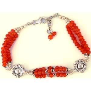  Faceted Carnelian Bracelet with Twin Blooming Flowers 