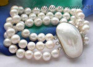 3row 10mm white round freshwater pearl bracelet mabe 92  