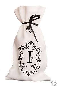 Linen Embroidered Ribbon Tie Monogram Wine Bag, I  