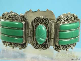 VINTAGE MEXICAN TAXCO 980 SILVER GREEN GLASS MASQUETTE MASK LINK 