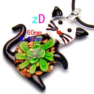 G2911 Cute Green Flower Cat Murano Lampwork Glass Necklace Pendant 