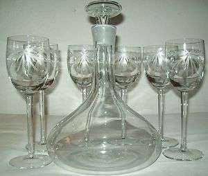 LONG STEM ETCHED CRYSTAL GOBLET/GLASSES AND SHIP STYLE WINE/PORT 