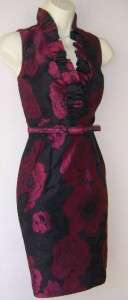   Fuschia Black Jacquard Belted Holiday Cocktail Party Dress 10P 10