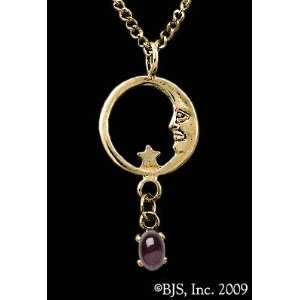 Star Necklace, 14k Yellow Gold, Garnet set gemstone, Moon Star Jewelry 