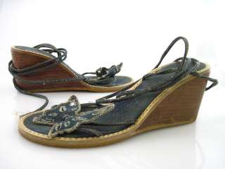 ZARA Denim Butterfly Lace Up Wedges Heels Sandals Sz 8  