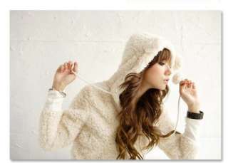 Korea Fashion Women Cute Bunny Rabbit Fluff with Ear Hoodie Fleece 