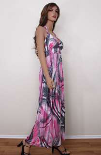 New Print Pink Maxi Halter Shimmering Evening Party Long Dress Made in 