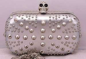 Faux Leather Union Flag Black Pearl Bling Stud Skull Clutch Hand Bag 
