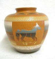 Navajo Handmade Etched Southwest Horse Pottery Vase Urn  