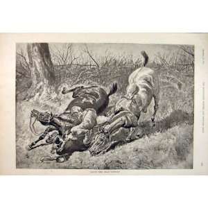 Pferderennen Springt den Hürden Unfall, der Alten Druck 1892 Reitet 