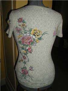 Ladies sz M Top Shirt SKINNY MINNIE Roses Rhinestones GROOVY  