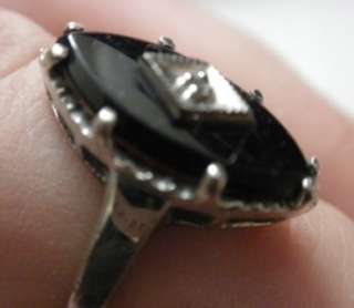 Antique Art Deco Black Onyx Diamond Sterling Silver Ring  