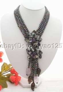 Excellent 4Strds Black Pearl&Shell Flower Necklace  