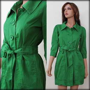 Green Cotton Button Front Tie Waist Bubble Hem Women Trench Coat 