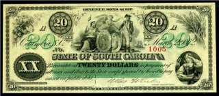 HGR 1872 $20 State of South Carolina GEM UNCIRCULATED  