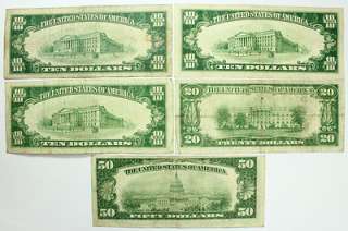   Lot 5 Ten Twenty Fifty Dollar Redeemable in Gold Federal Reserve Notes