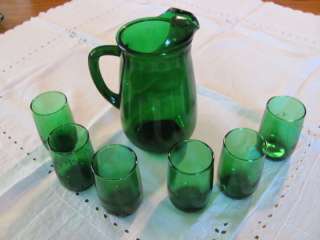 Anchor Hocking Emerald Green Juice Pitcher & 6 Glasses  