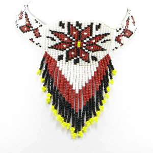 RED BLACK WHITE YELLOW SEED BEADED STAR BIB NECKLACE  